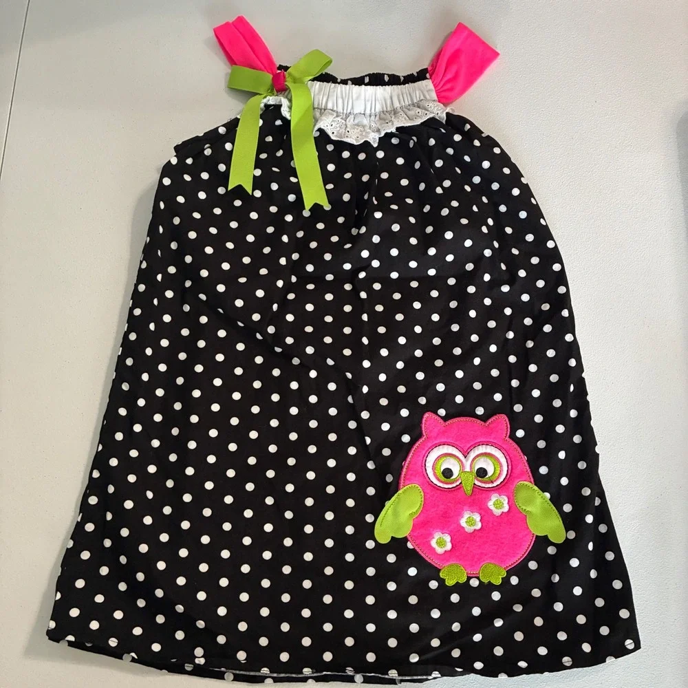 Rare Editions‎ Polka Dot Dress Girls 6 Black Pink Owl Applique Neon Whimsical
